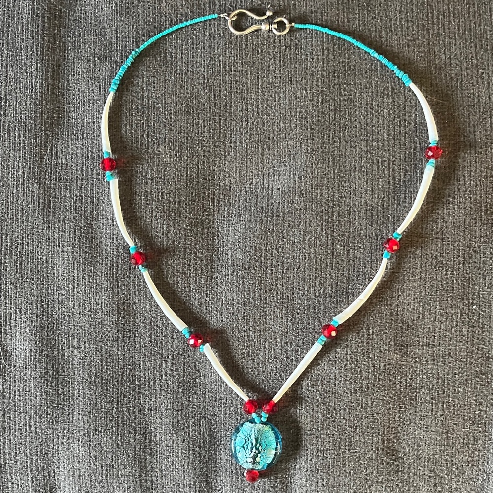 Elegant Turquoise and Red Beaded Necklace